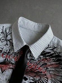 ROMWE MEN Men's Dark Gothic Skull Print Tie Short Sleeve Shirt - Black - View 2