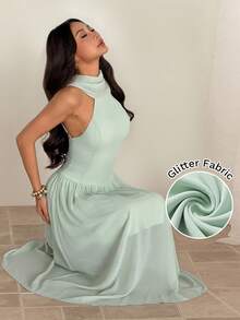 SHEIN PETITE Đầm nghỉ mát trễ vai đa năng dành cho nữ, thích hợp cho du lịch. - Màu xanh nhạt - Xem 7