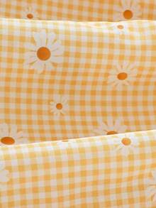 SHEIN Girls' Yellow Plaid Daisy Print Bow Shoulder Strap Summer A-Line Dress, Sweet And Cute Casual - Yellow - View 7