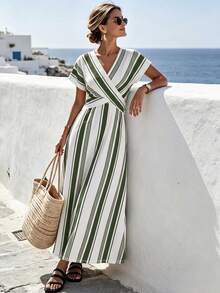 SHEIN Holidaya Đầm nữ tay ngắn kẻ sọc đen trắng mùa hè, trang phục xuân hè thanh lịch đi du lịch, quần áo nữ dự tiệc sang trọng, đầm nữ tay ngắn kẻ sọc đen trắng mới xuân hè - Nhiều màu - Xem 3