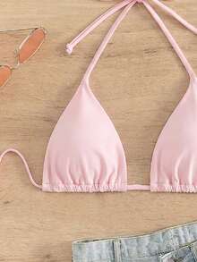 Swim Basics Women's Solid Color Halter Neck Tie Bikini Top, Suitable For Summer Vacation And Beach - Pink - View 5