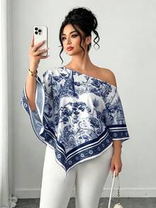 Elenzga 大尺碼女款休閒優雅不對稱領長袖不對稱下擺襯衫斜肩開衩袖寬鬆時尚襯衫復古日落度假印花蝙蝠袖上衣新款百搭，適合四季，日常通勤，外出上衣 - 藍色 - 查看 5