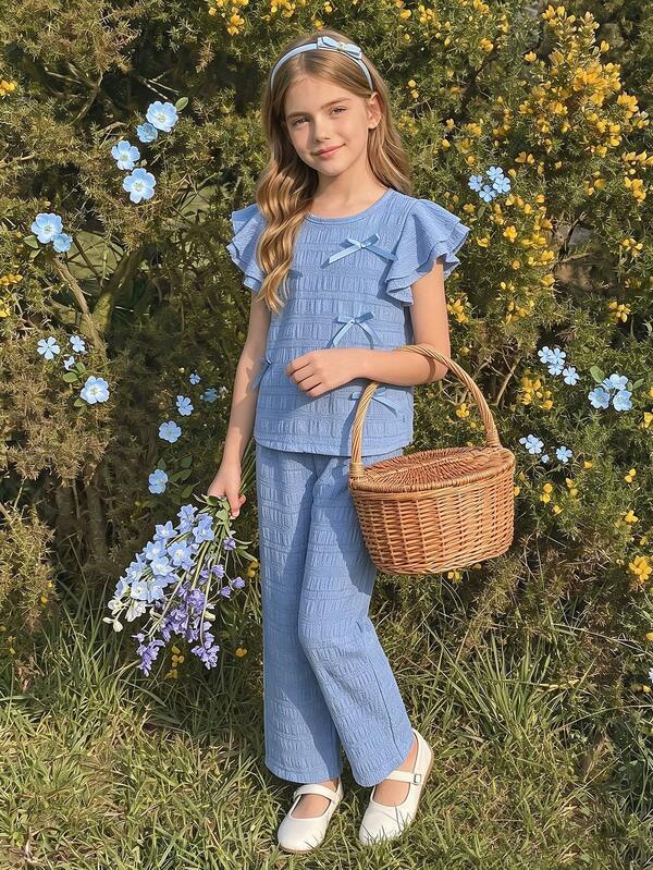 SHEIN 2Pcs Girls Sweet Two Pieces Outfit Elegant Casual Daily Set Soft Light Blue Squishy Fabric Smocked Wave Texture Top Ruffle Flutter Short Sleeve With Handmade 3D Bow Knot Decor Crew Neck Loose Blouse + Relaxed Wide Leg Long Pants Cute All Match Perfect For School Picnic Party Home Holiday Outdoor Spring Summer Daily Casual Wear For Older And Tween Girls