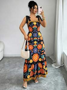 Elenzga Vestido de vacaciones para mujer con estampado floral y tirantes con nudo en los hombros - Negro - Ver 4