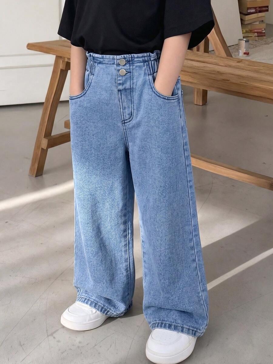 SHEIN Elladie kids 少女休閒波希米亞風度假平腰平口袋寬腿牛仔褲,日常穿搭 OOTD - 中等水洗藍 - 查看 1