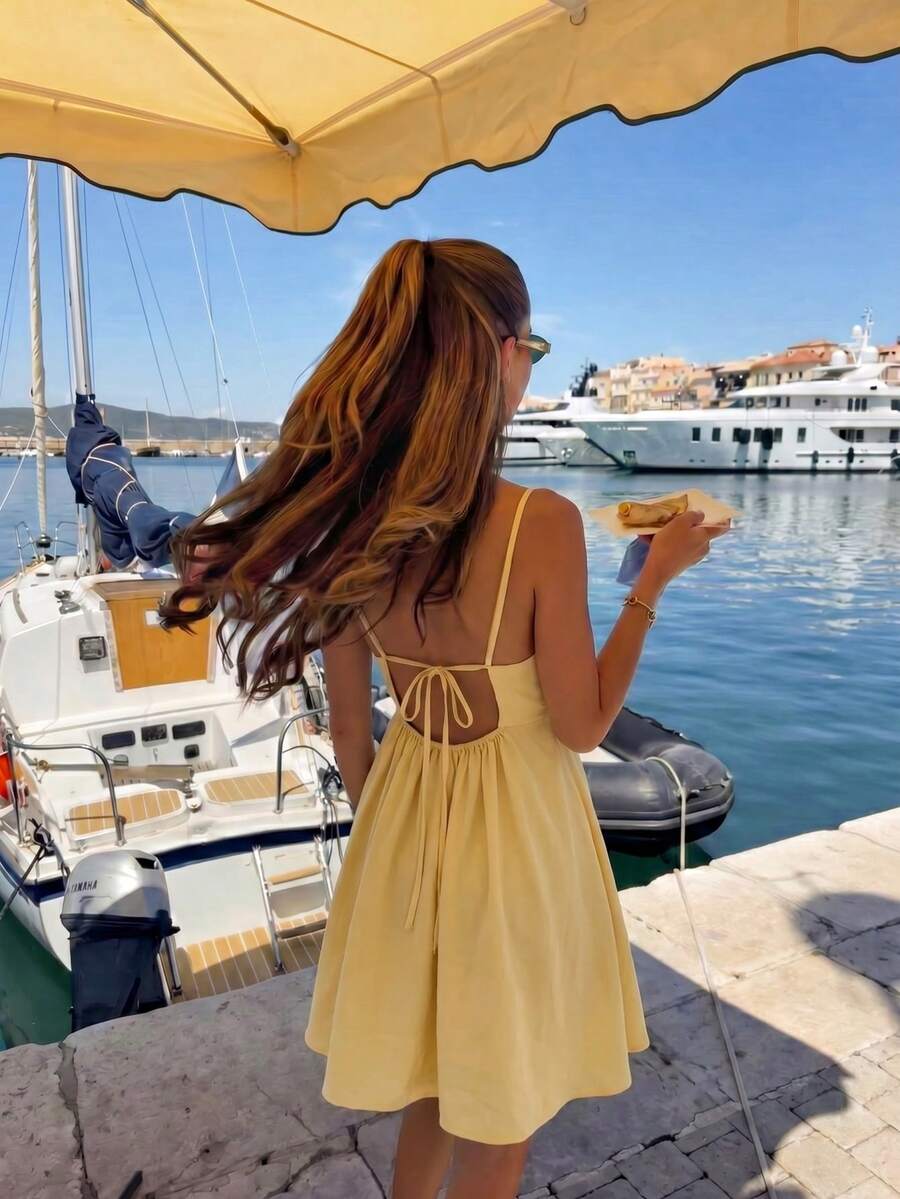 Pariaura Vestido camisola branco feminino - alças finas, costas abertas com laço, cintura ajustada, mini vestido fresco para primavera e verão, doce e brincalhão - alças finas, costas abertas com laço, cintura ajustada, mini vestido elegante e chique para primavera e verão - Luz amarela - Ver 1