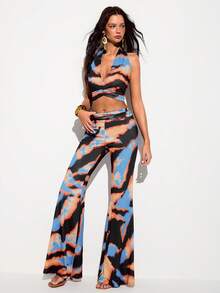 Barévion Women's Contrast Color Pleated Halter Top And Long Pants Casual Sexy Daily Two Pieces Set Music Vacation Orange And Black Summer - Multicolor - View 8