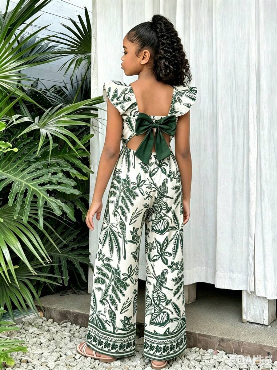 Sparklyn Tropical Plant & Parrot Printed White Romper,Summer Vacation Holiday Square Neck Backless Flutter Sleeve High-Waisted Wide-Leg Jumpsuit With Bow - Green - View 1