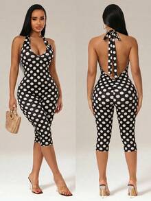 Radiana Schwarzer und weißer Jumpsuit in Übergröße für Damen, Frühling/Sommer, 70 Stücke Jahre, süß, stylisch, mit Polka-Dots, tailliert, Neckholder, rückenfrei, Caprihose, lässig, für Alltagsoutfits - Schwarz und Weiss - Übersicht 7