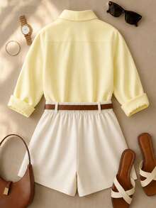GlowEve CURVE Plus Size Women's Casual Vacation Style Light Yellow Button-Up Shirt And Light Peach Loose Shorts 2-Piece Set Fall - Multicolor - View 2