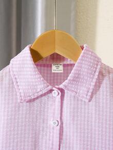 SHEIN Elladie kids 女童小格紋翻領鈕扣休閒襯衫與直筒長褲2件組，適合日常休閒出遊與上學 - 粉色 - 查看 4