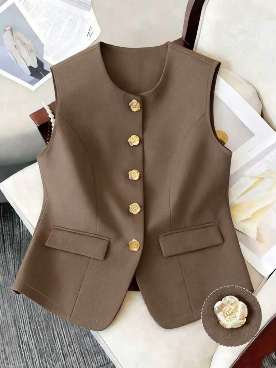 SHEIN Clasi Plus Size Women Summer Elegant Gold Button Sleeveless Blazer Vest,Brown Smart Casual Office Professional Suits,Autumn Chinese Style Top - Brown - View 1