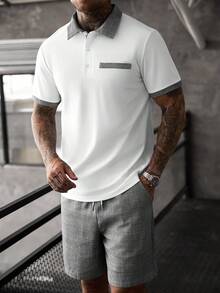 Manfinity CasualCool Men's Plaid Colorblock Short Sleeve Polo Shirt And Drawstring Shorts Set Golf Grey Plaid Summer Casual Old Money Gift Vacation Holiday  Streetwear - Multicolor - View 5