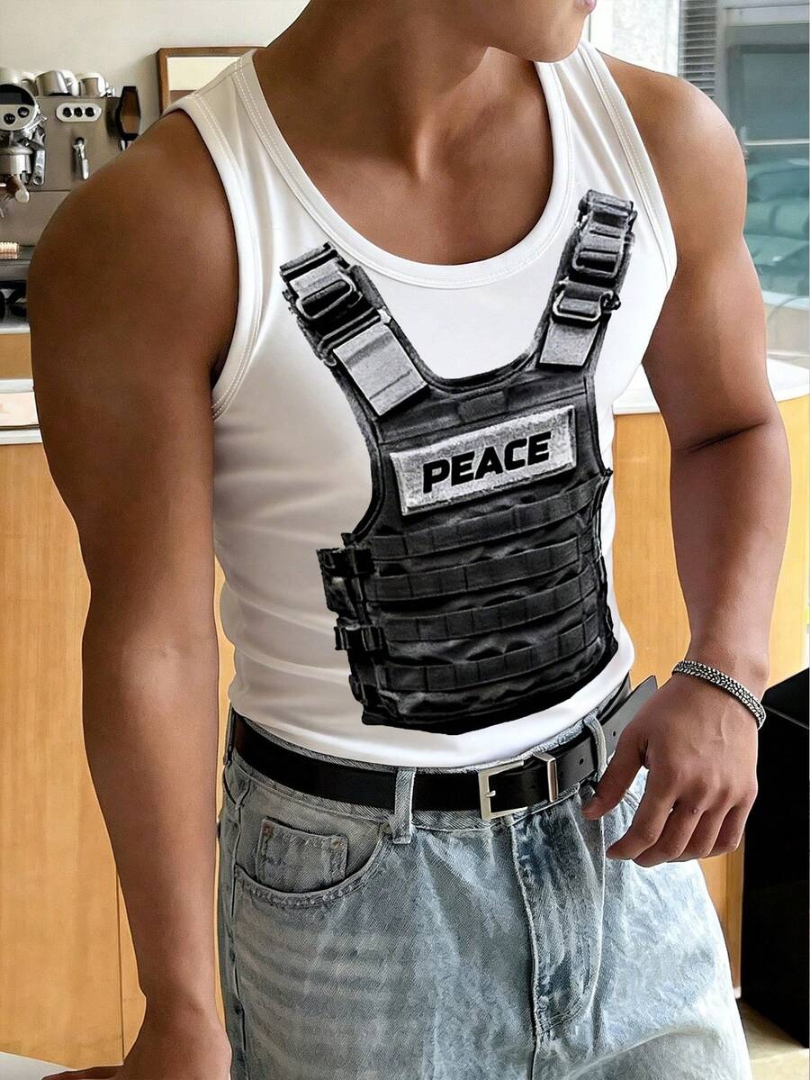 Resyla Men Men Regular Vest,White,Summer,Casual,Streetwear,City Break Outdoor Street Style Backpack Graphic Print Design,High-End Fashionable Pattern Outerwear - Multicolor - View 1