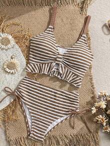 Swim Vcay 女款夏季海灘度假紋理提花面料荷葉邊性感吊帶比基尼上衣 - 棕色 - 查看 3