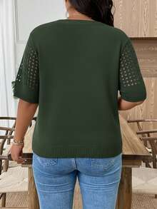 EMERY ROSE Plus Size Casual Hollow Out Round Neck Short Sleeve Top Going Out Tops - Dark Green - View 2