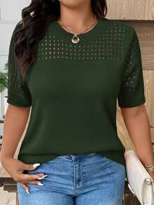 EMERY ROSE Plus Size Casual Hollow Out Round Neck Short Sleeve Top Going Out Tops - Dark Green - View 1
