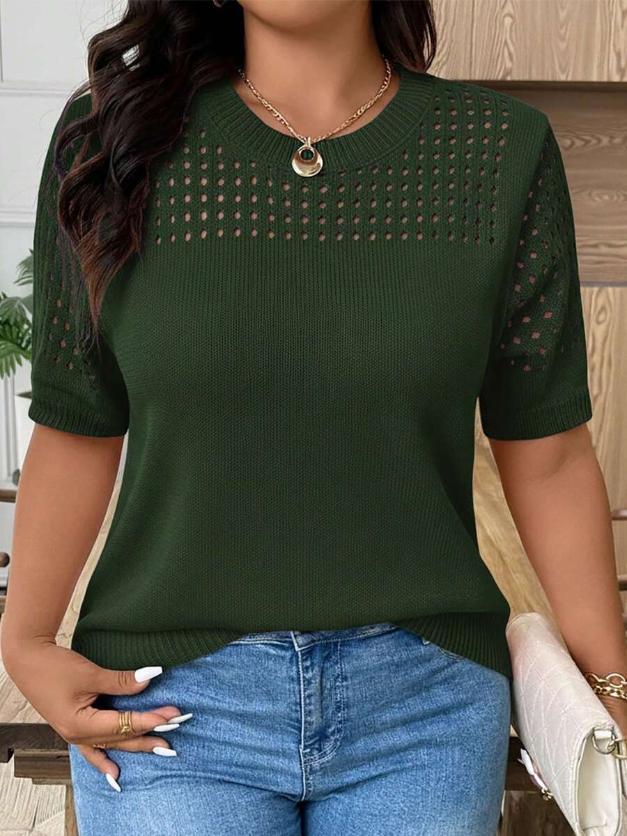 EMERY ROSE Plus Size Casual Hollow Out Round Neck Short Sleeve Top Going Out Tops - Dark Green - View 1