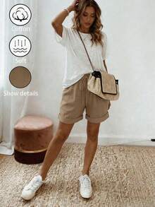 SHEIN Holidaya 女款夏季亞麻度假休閒風卡其色抽繩捲邊短褲，亞麻紋理面料，彈性腰抽繩設計與捲邊細節，兼具隨性舒適與俐落優雅，適合日常出遊、度假或輕便休閒場合，休閒抽繩短褲、卡其優雅長褲與寬鬆顯瘦褲類中的百搭單品 - 卡其色 - 查看 6