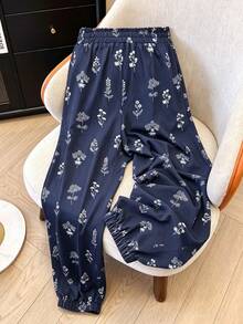 Linhara Pantalones de talla grande con ajuste holgado casual y estampado botánico - azul real - Ver 2