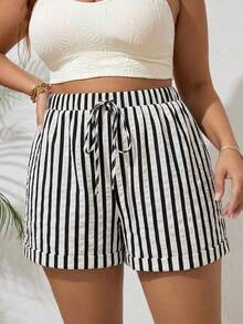 SHEIN VCAY Plus Size Women's Textured Striped Fabric Loose Casual Shorts Suitable For Summer - Black and White - View 3