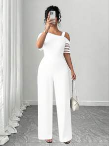 Elenzga Jumpsuit Minimalis Serbaguna Kasual Warna Polos untuk Wanita Ukuran Besar - Putih - View 4