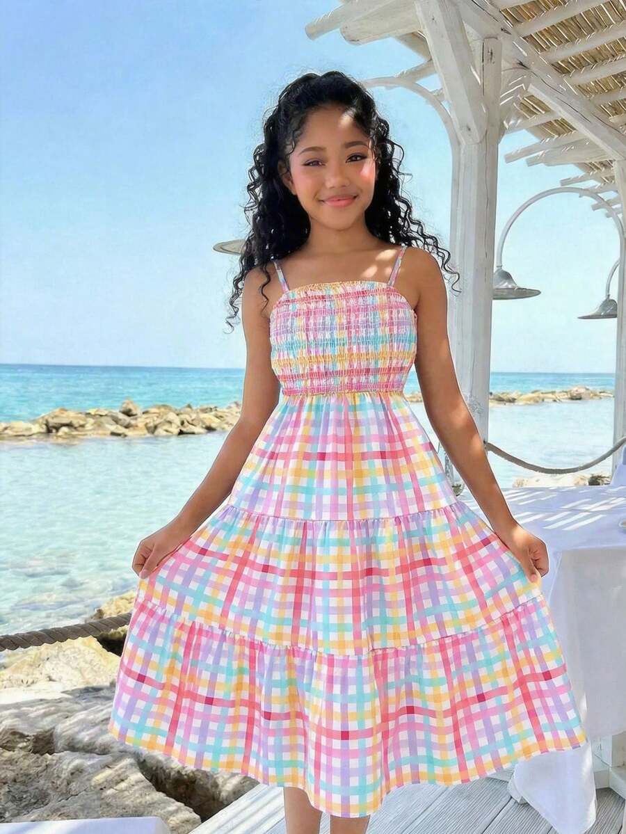 SHEIN Loose Layered Camisole Dress,Elastic Waist Pink Plaid,Summer,Boho,Cute,Vacation,Holiday Pastel Plaid Pattern For Casual Outings Tea Parties