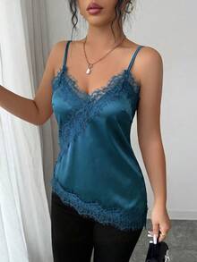 Rafferiza 女款優雅法式不對稱下擺蕾絲細肩帶背心上衣 - 水鴨藍 - 查看 3
