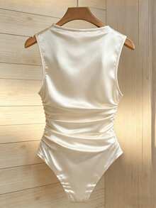 Franclia Asymmetrical Neckline Metal Buckle Decor, Ruched Waist Fitted Bodysuit - Apricot - View 2