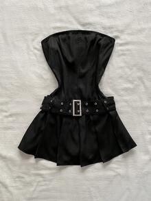 Attitoon Women's Solid Color Corn Buckle Design Fashionable Date Party Mini Bandeau Dress - Black - View 3