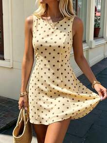 SHEIN PETITE Women's Spring/Summer New Brown Polka Dot Dress, Off-The-Shoulder Neckline, Tie Back Design, Cinched Waist, A-Line, Elegant Vintage Vacation Brunch - Pale Yellow - View 6