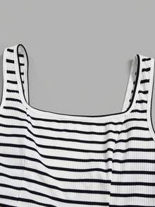 Selianne New Square Neck Women's Sleeveless Ribbed Knit Split Design Back Bow Tie Elegant Slim Fit Party Long Dress - Black and White - View 3