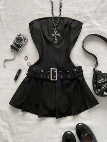 Attitoon Women's Solid Color Corn Buckle Design Fashionable Date Party Mini Bandeau Dress - Black - View 5