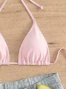 Swim Basics Women's Solid Color Halter Neck Tie Bikini Top, Suitable For Summer Vacation And Beach - Pink - View 4