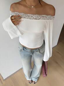 SHEIN PariChic Women's Elegant And Casual White Lace Off-Shoulder Top, Flare Long Sleeve Form-Fitting Tee, Sexy Slim Fit Blouse For Night Out Date Night Street Style - White - View 10