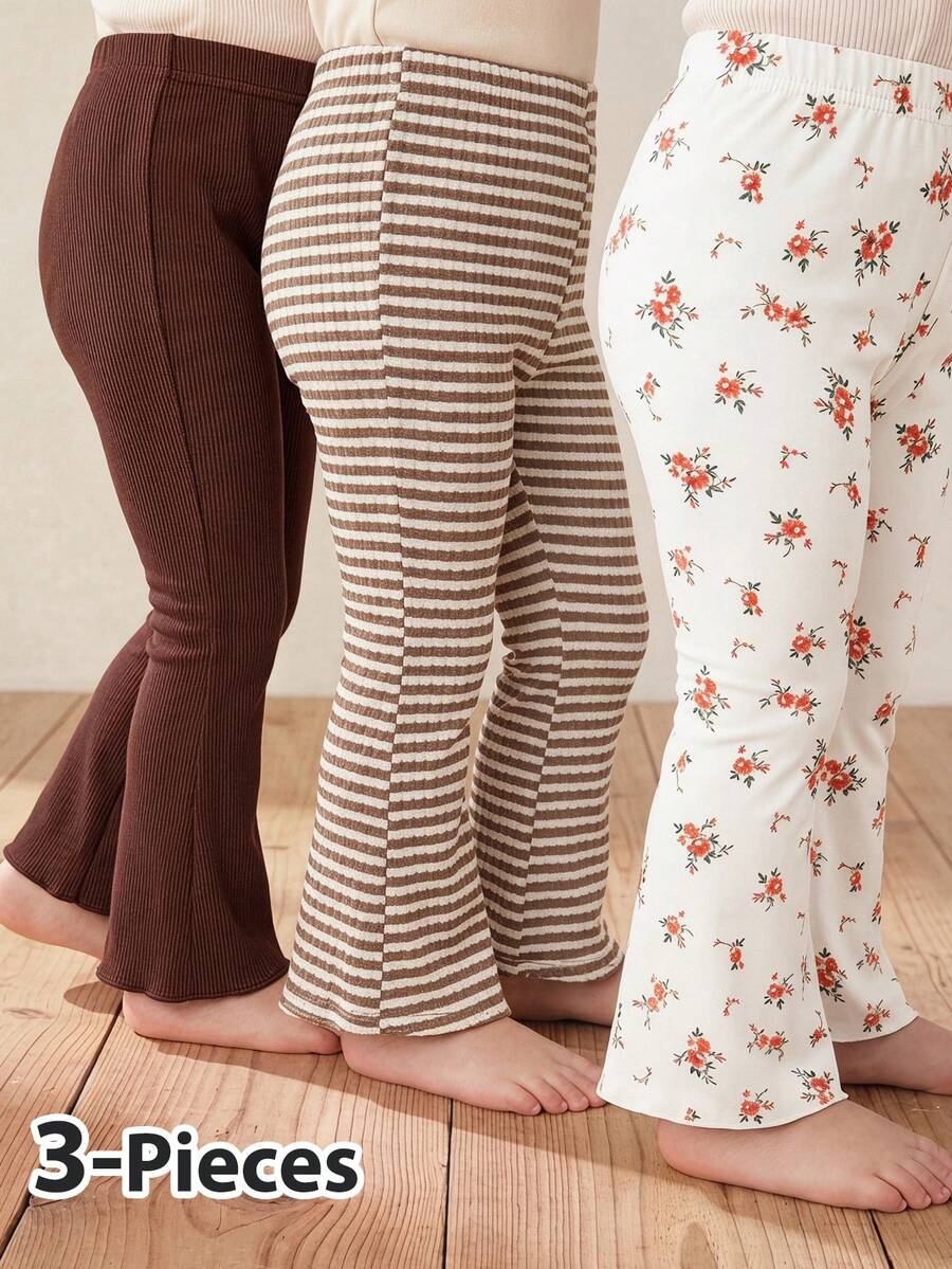 SHEIN 3件組女嬰針織條紋卡通花卉休閒喇叭褲套裝 - 彩色 - 查看 1