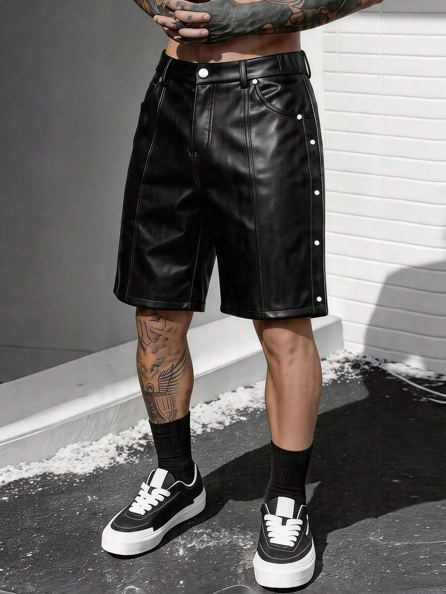 SLATEMANN Men's Black PU Leather Shorts, Rivet Design, Fashionable Versatile Casual Straight Leg Shorts - Black - View 1