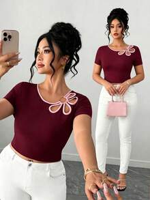 Elenzga Plus Size Women's Fitted Floral Cut-Out Decor Minimalist Short T-Shirt - Burgundy - View 1
