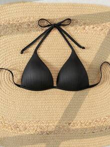 Swim Vcay Summer Beach Halter Triangle Bikini Top - Black - View 5
