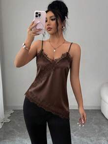 Rafferiza Women's Elegant French Lace Patchwork Camisole - Rust Brown - View 5