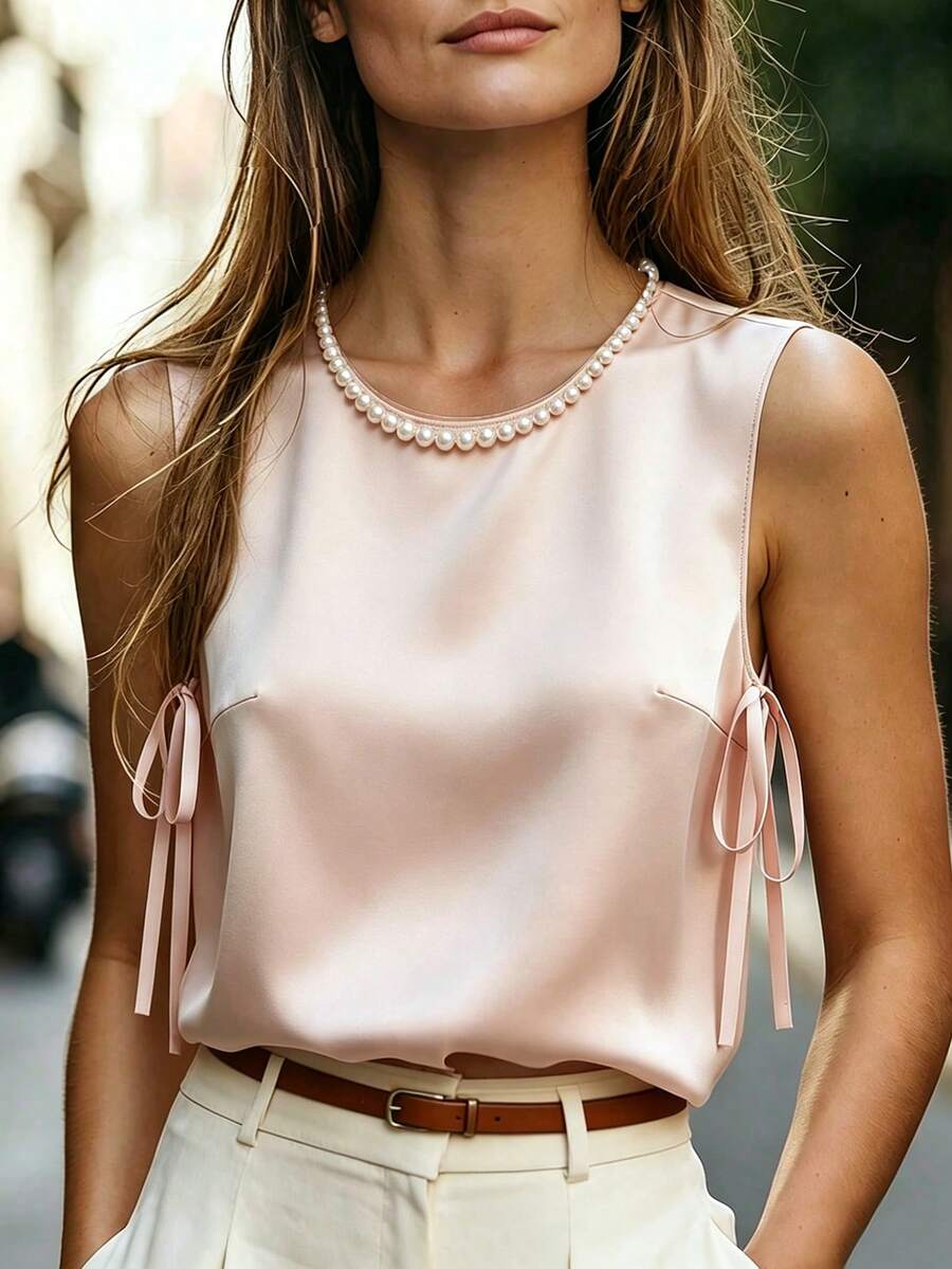 GlowEve CURVE Damen Große Größen einfarbig Champagner Perlenkragen Satin ärmelloses Tanktop mit seitlicher Schleife, lockerer Schnitt französischer eleganter Pendler Lässig Date Top, vielseitige tägliche Ausflug Bluse Sommer Neu - Aprikosenfarben - Übersicht 1