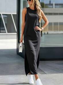 Vaclyn Daily Sleeveless Round Neck Solid Color Tank Top Split Long Dress Comfortable Dress - Black - View 5