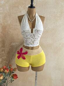 Soleia Top da donna in pizzo con scollo all'americana plissettato sexy versatile per appuntamenti & uscite - Bianco - Visualizzare 3