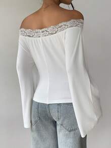 SHEIN PariChic Women's Elegant And Casual White Lace Off-Shoulder Top, Flare Long Sleeve Form-Fitting Tee, Sexy Slim Fit Blouse For Night Out Date Night Street Style - White - View 3