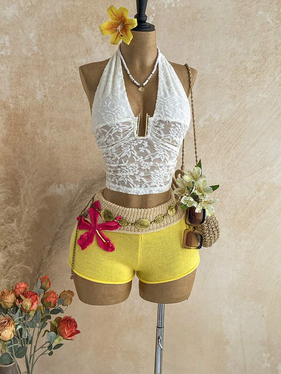 Soleia Top da donna in pizzo con scollo all'americana plissettato sexy versatile per appuntamenti & uscite - Bianco - Visualizzare 1