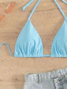 Swim Basics 女款素色百褶性感掛脖綁帶比基尼上衣，度假適用 - 藍色 - 查看 4