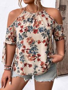 SHEIN CURVE+ Plus Size Women's Off-Shoulder Bow-Tie Printed Casual Blouse Vacation Beige Summer - Multicolor - View 7