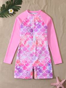 SHEIN Tween Girl Fish Scale Tie-Dye Long Sleeve Romper Swimsuit,Cute Pink Modest Rash Guard For Kids Girls,Summer Beach Holiday Teenage Swimming Clothes - Multicolor - View 4