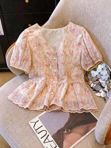 Franclia French Sweet Embroidery V-Neck Short Sleeve Blouse For Women - Dusty Pink - View 3
