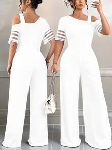 Elenzga Jumpsuit Minimalis Serbaguna Kasual Warna Polos untuk Wanita Ukuran Besar - Putih - View 1